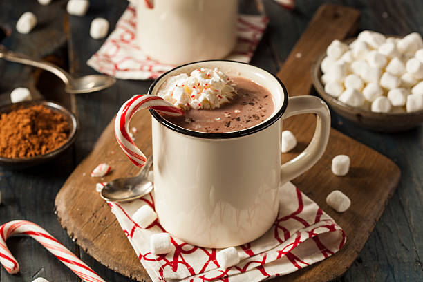 Homemade Peppermint Hot Chocolate Homemade Peppermint Hot Chocolate with Whipped Cream hot chocolate stock pictures, royalty-free photos & images