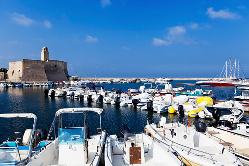 The 16th century castle and the harbour at the small town of Villanova in the Bari province of Puglia in southern Italy on the Adriatic Sea. The town is the port for nearby Ostuni. Good copy space.