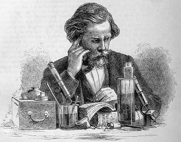 19th century illustration of a scientist with microscopes, books, vials and bottles delving into the mysteries of the natural world.   From a 1876 copy of Harper's New Monthly Magazine.