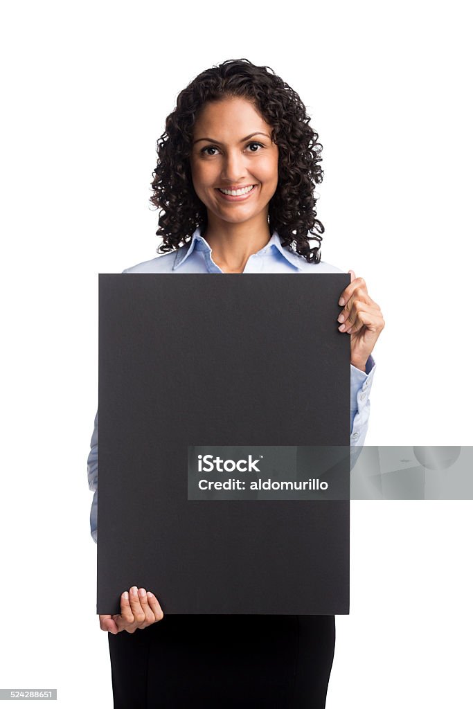 Businesswoman showing placard Confident businesswoman showing empty placard isolated over white 30-34 Years Stock Photo