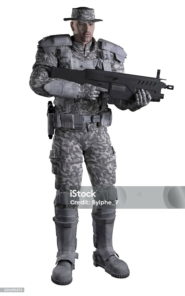 Futuristic Marine Ranger in Urban Camouflage, Standing Science fiction illustration of a future marine ranger soldier wearing urban camouflage and carrying a rifle, 3d digitally rendered illustration. Futuristic Stock Photo