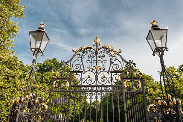 istock Gate, fence and street lamp 524290471