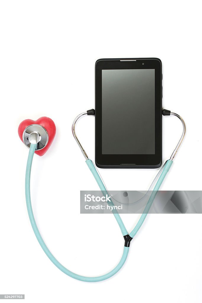 Tablet listening puls red heart stethoscope - on white backgrond Accidents and Disasters Stock Photo