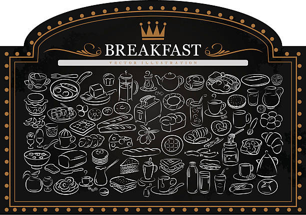 завтрак в blackboard - bread waffle bacon toast stock illustrations
