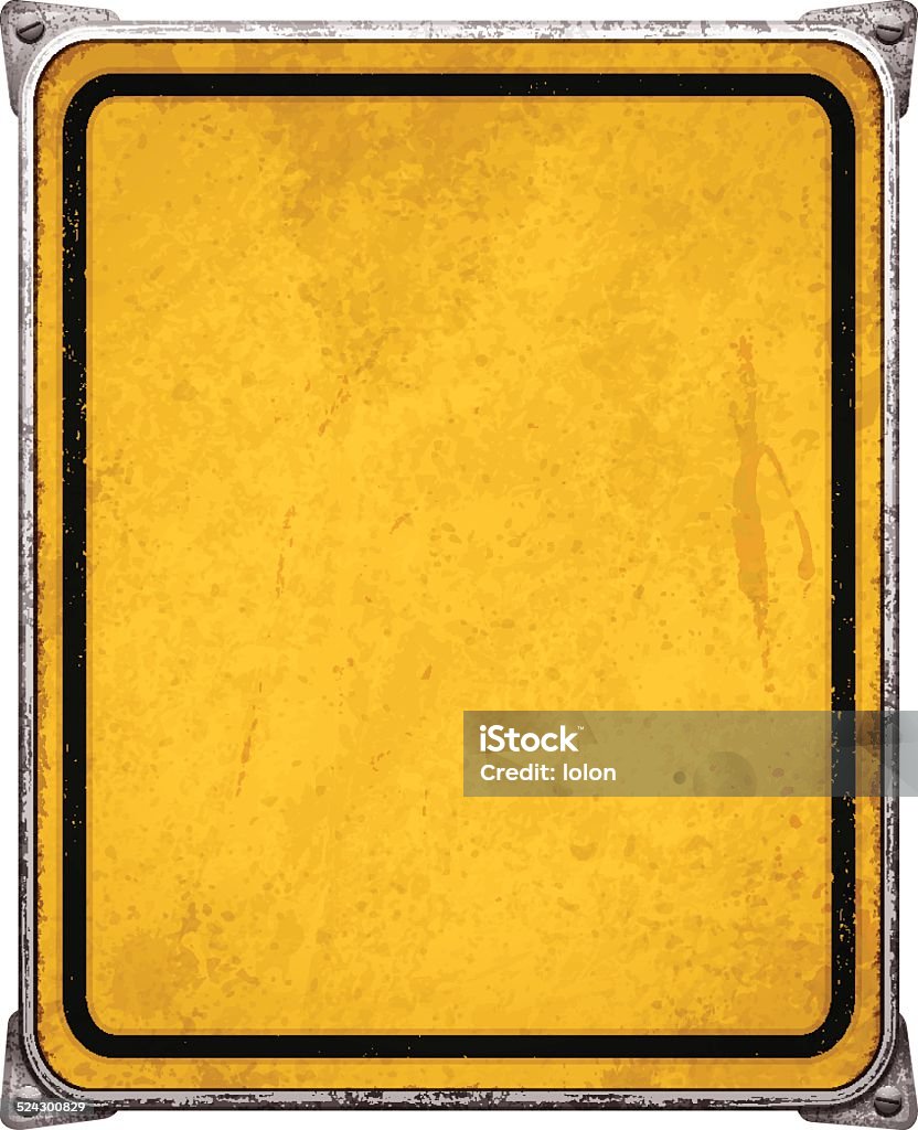 Weathered yellow metal placard with corners and screws_vector Old and rusty vertical metal placard with copy space.  Weathered rectangular metal banner mounted on steel frame with rusty stains, four screws and metallic corners. Yellow background with a thin distressed black line. Photorealistic vector illustration isolated on white. Layered EPS10 file with transparencies and global colors. Individual elements and textures. Related images linked below. Border - Frame stock vector