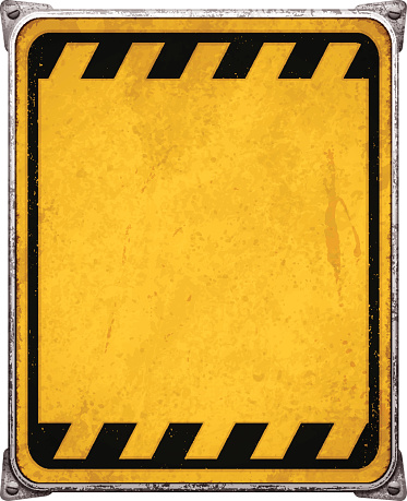 Old and rusty vertical metal placard with copy space.  Weathered rectangular metal banner mounted on steel frame with rusty stains, four screws and metallic corners. Yellow background with a thin distressed black line and warning stripes. Photorealistic vector illustration isolated on white. Layered EPS10 file with transparencies and global colors. Individual elements and textures. Related images linked below.