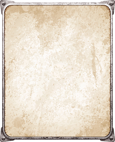 Old and rusty vertical metal placard with copy space.  Weathered rectangular metal banner mounted on steel frame with four screws and metallic corners. Sepia background and no text. Photorealistic vector illustration isolated on white. Layered EPS10 file with transparencies and global colors. Individual elements and textures. Related images linked below.