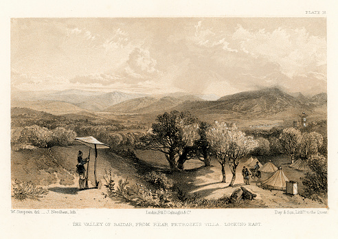 Vintage engraving showing a scene from the Crimean War 1853 to 1856, a conflict in which Russia lost to an alliance of France, Britain, the Ottoman Empire, and Sardinia. Valley of Baider, from the rear Petroskis Villa, looking East.