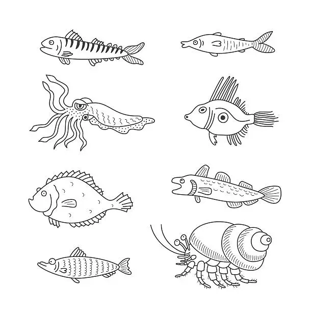 Vector illustration of Set of monochrome vector doodle fishes and sea dwellers