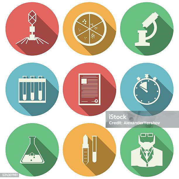 Flat Vector Icons For Microbiology Stock Illustration - Download Image Now - AIDS, AIDS Test, Analyzing