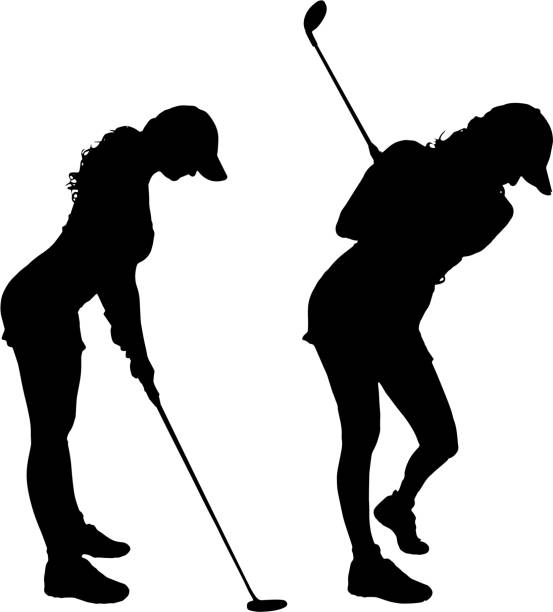 wektor sylwetka kobiety. - golf swing golf golf club golf ball stock illustrations