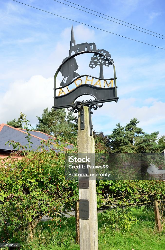 Traditional village sign Village Sign Aldham UK,  - August 29, 2014: : Traditional village sign  Cultures Stock Photo