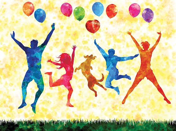 jumping familie silhouetten - child balloon happiness cheerful stock-grafiken, -clipart, -cartoons und -symbole
