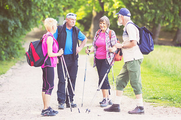 istock Four seniors hiking in the forest, talking, planning 524323431