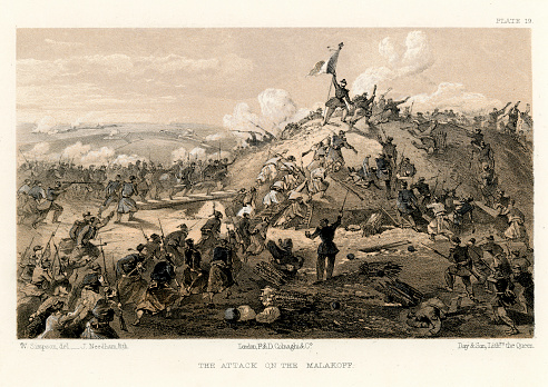 Vintage engraving showing a scene from the Crimean War 1853 to 1856, a conflict in which Russia lost to an alliance of France, Britain, the Ottoman Empire, and Sardinia. The Attack on the Malakoff by French troops