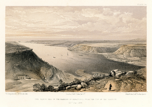 Vintage engraving showing a scene from the Crimean War 1853 to 1856, a conflict in which Russia lost to an alliance of France, Britain, the Ottoman Empire, and Sardinia. North side of the Harbour of Sebastopol from the top of the Harbour, 22nd June 1855