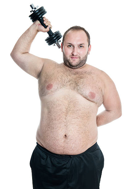 Overweight or Fat Shirtless Man Exercising with Dumbbells Overweight or Fat Shirtless Man Exercising with Dumbbells. Isolated on White. fat guy no shirt stock pictures, royalty-free photos & images