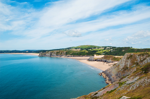 Three Cliffs Bay, a famous beach in southern Gower peninsula, South Wales. The beach routinely qualifies for the blue flag status.
