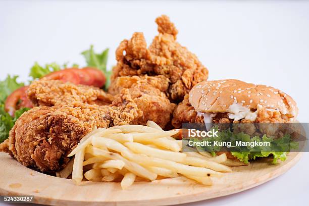 Fried Chicken Burger And French Fries Stock Photo - Download Image Now - Bread, Burger, Chicken Breast