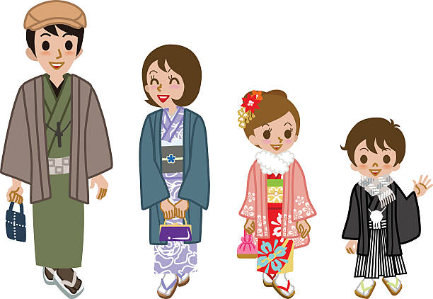 Kimono family walking,front view Vector illustration of New year's Kimono family walking,front view. flat cap stock illustrations