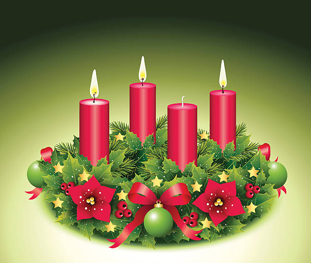 Advent wreath with three burning candles vector illustration, on green background advent candle wreath christmas stock illustrations