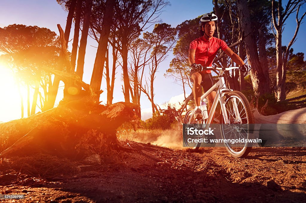 mountain bike athlete Mountain Bike cyclist riding single track at sunrise healthy lifestyle active athlete doing sport Active Lifestyle Stock Photo