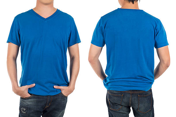 istock Close up of man in front and back blue shirt. 524372446