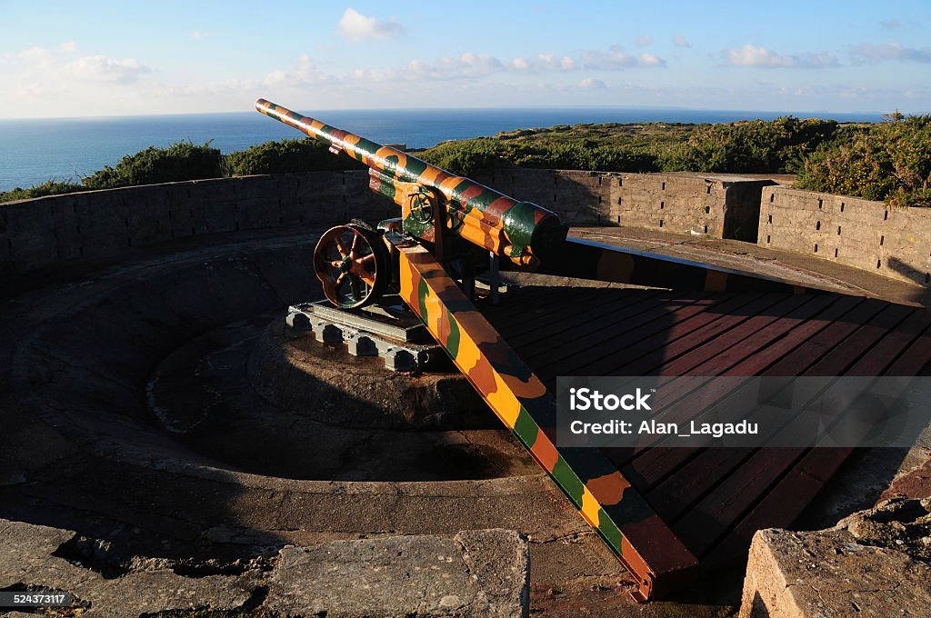 Les Landes, Jersey, U.K. Wide angle image of a WW2 coastal gun battery. Architecture Stock Photo