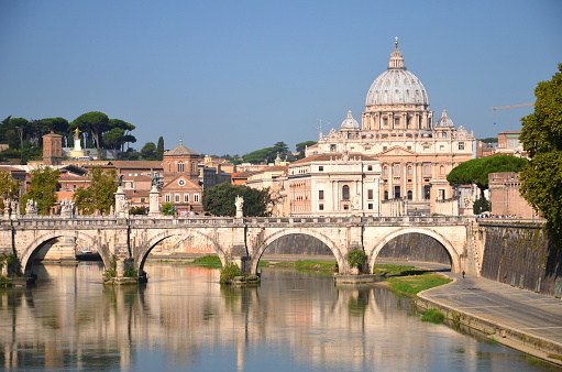 Monumental St. Peters Basilica over Tiber in Rome, Italy