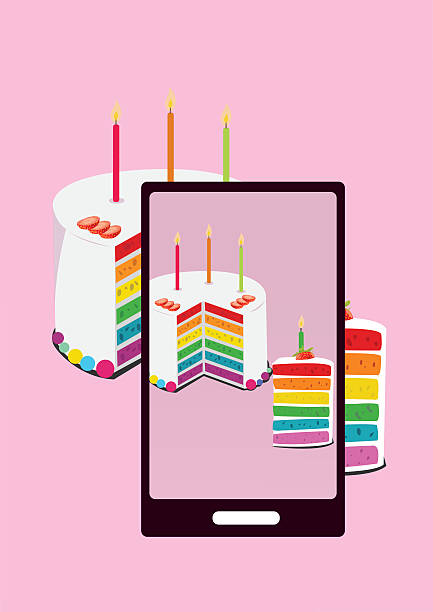 fotografie duhového dortu a plátku dortu se smartphonem - dílek dortu fotky stock ilustrace