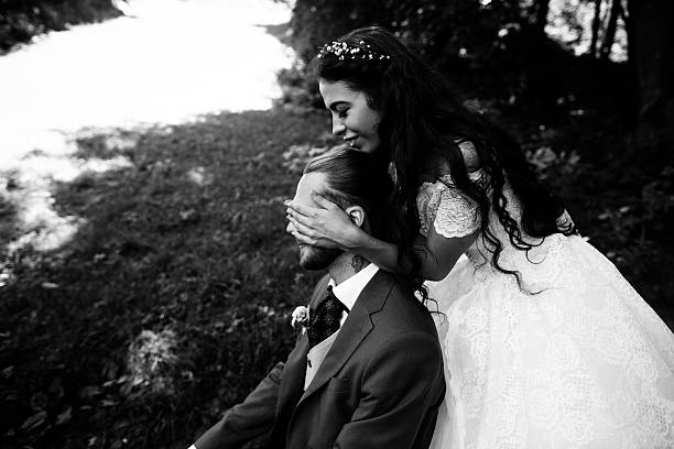 istock Happy Bride and groom at wedding Day embracing with love 524375128