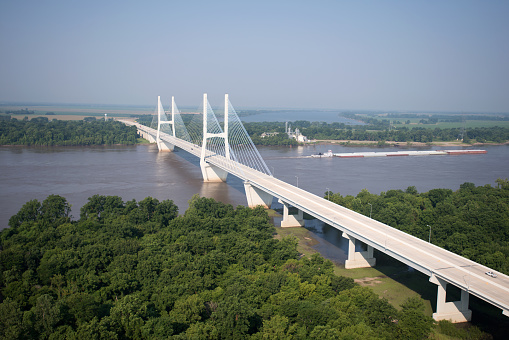 Aerial of US 82 over the Mississippi at Greenville Mississippi.  View from southeast looking to northwest.  Full view of bridge.