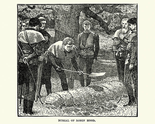 Burial of Robin Hood Vintage engraving of the Burial of Robin Hood. Robin Hood is a heroic outlaw in English folklore who, according to legend, was a highly skilled archer and swordsman. sherwood forest illustrations stock illustrations