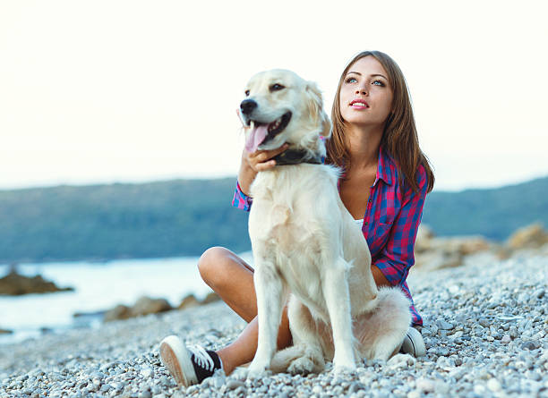 istock Woman with a dog on a walk on the beach 524381868