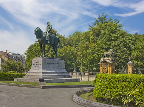 Brussels, Belgium - July 24, 2014: Equestrian statue of Leopold II, the second King of the Belgians, on  Place du Trone (sculptor Thomas Vincotte)