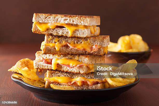 Grilled Cheese And Bacon Sandwich Stock Photo - Download Image Now - American Culture, Appetizer, Bacon