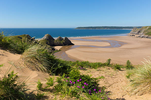 Three Cliffs Bay the Gower Wales uk in summer sunshine beautiful part of the peninsula