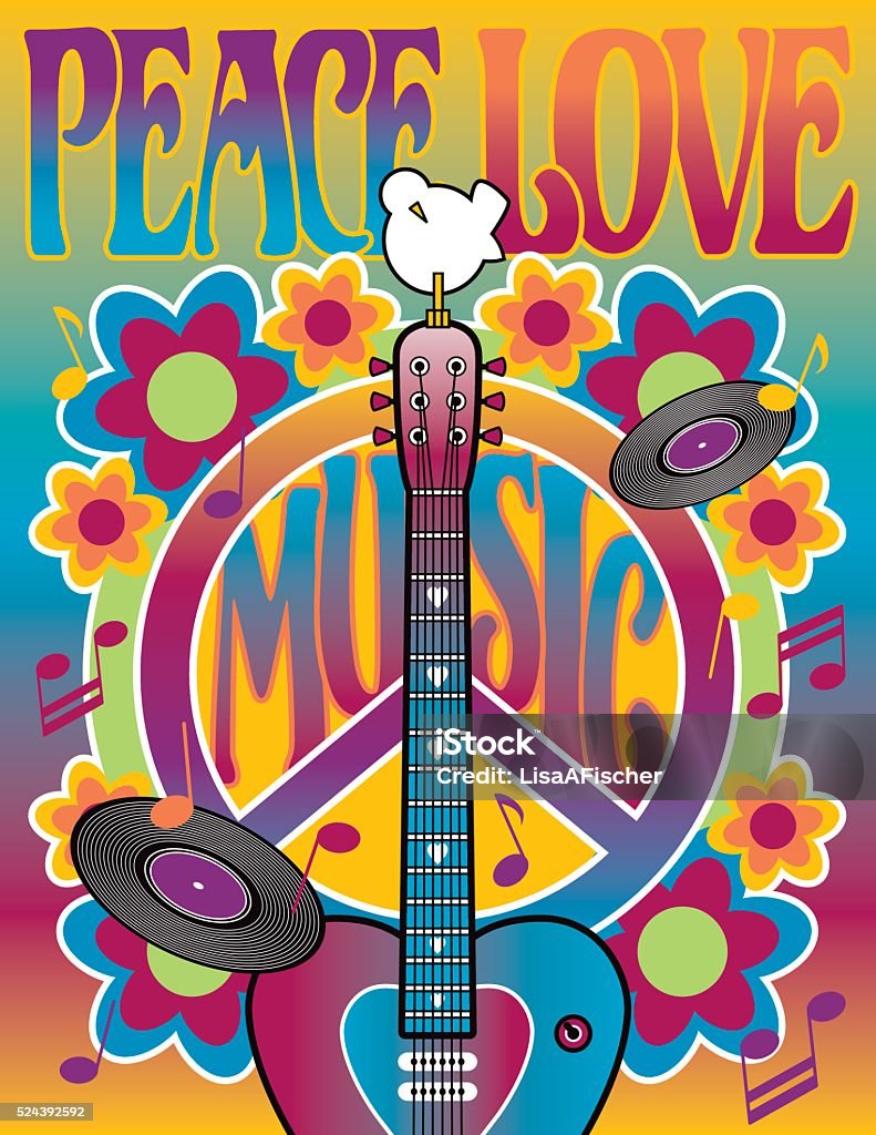Peace Love and Music Retro-styled illustration of a heart-shaped guitar, peace symbol and dove. Elements are on separate layers for easy editing. Zip folder includes AI8 .eps and 4251x5500px .jpeg. Hippie stock vector