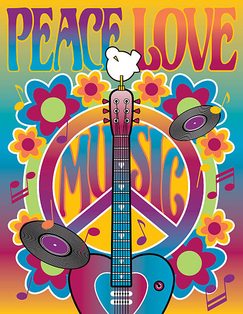 Peace Love and Music Retro-styled illustration of a heart-shaped guitar, peace symbol and dove. Elements are on separate layers for easy editing. Zip folder includes AI8 .eps and 4251x5500px .jpeg. social awareness symbol audio stock illustrations