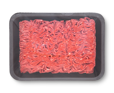Ground Beef in black foam package and plastic wrap isolated on white (excluding the shadow)