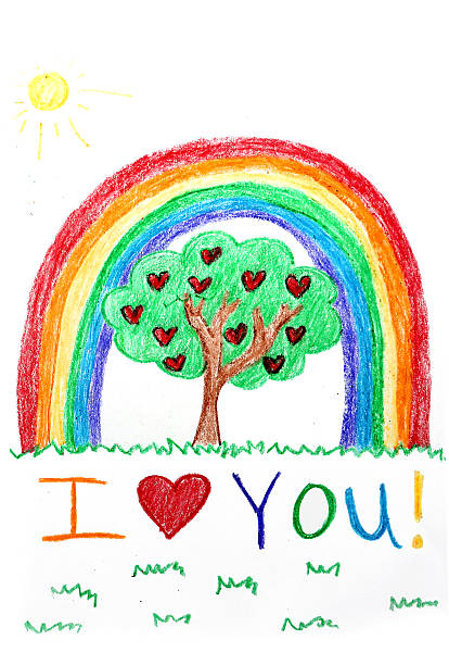 istock Child's Crayon Drawing of Rainbow and Happy Tree with Hearts 524396820