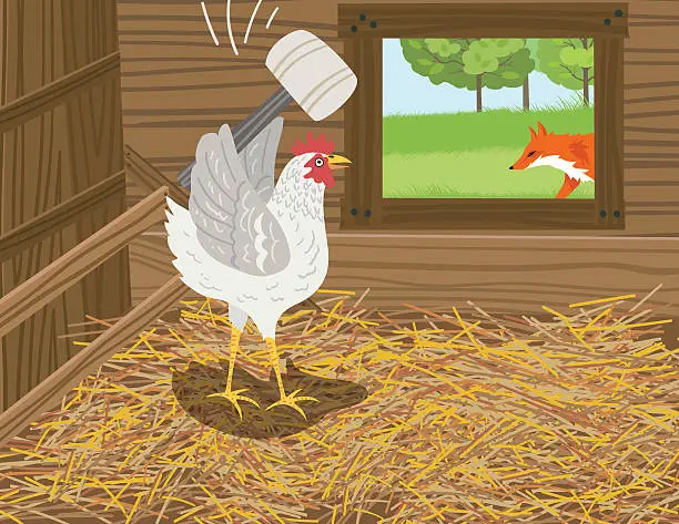 Vector illustration of Chicken With A Mallet Waits For  A Fox