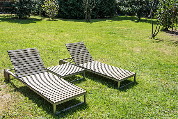 istock Two sunbeds on grass in garden 524399184