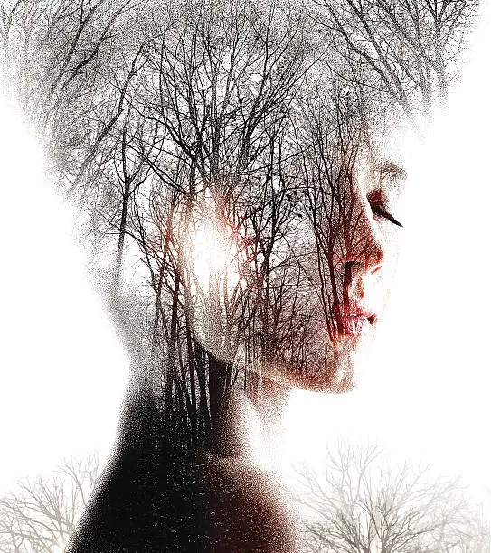 Vector illustration of Multiple Exposure  of Woman Enjoying Forest