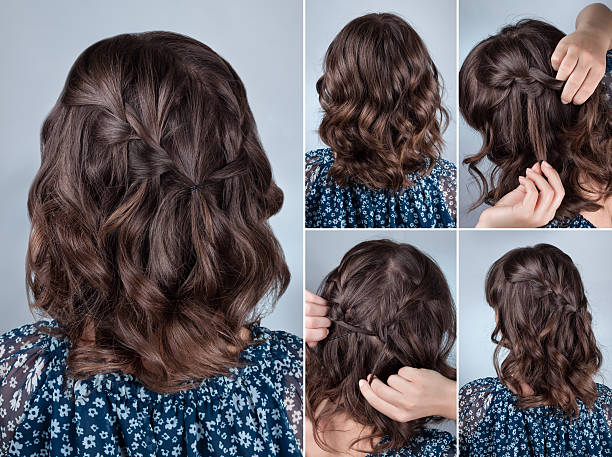 simple hairstyle tutorial Hairstyle plait cascade for middle hair. Hairstyle for self. Caucasian woman brunette hair model ringlet stock pictures, royalty-free photos & images
