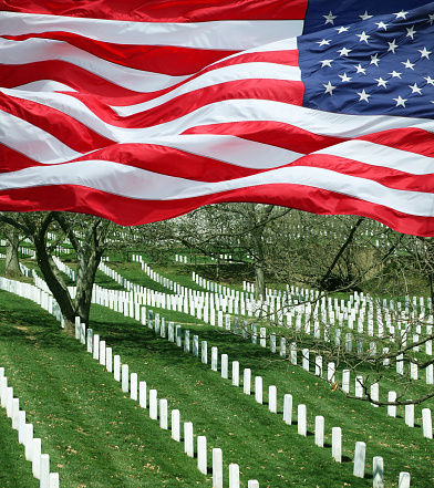 Endless rows of military graves continuing behind the green hill on Arlington National Cemetery in Virginia