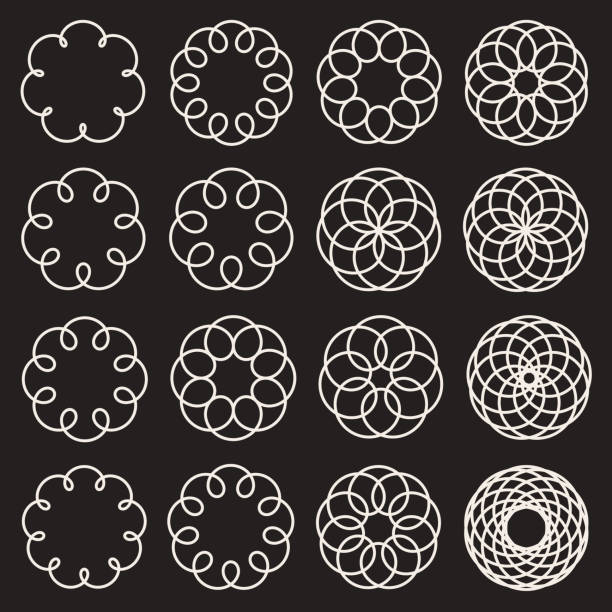 ilustrações de stock, clip art, desenhos animados e ícones de set of sixteen spirograph line circles decorative design elements - hypotrochoid