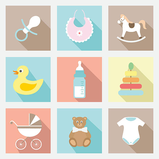 vektor flache icons set für babys - cup child geometric shape stacking stock-grafiken, -clipart, -cartoons und -symbole