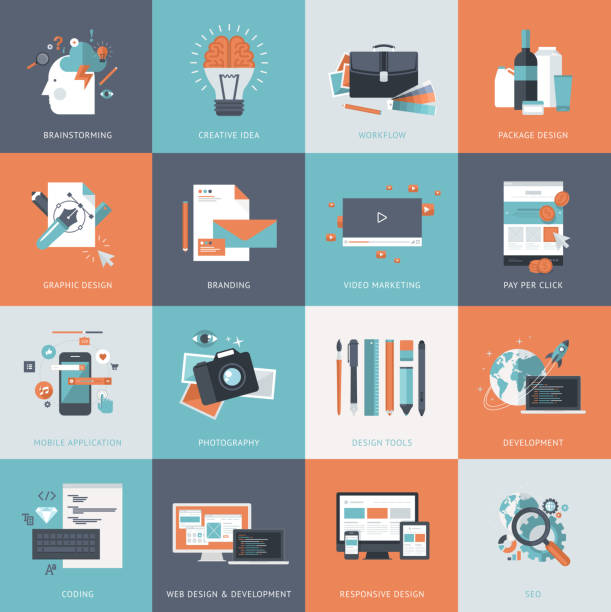 Set of flat design concept icons for web design Set of flat design concept icons for website development, graphic design, branding, seo, web and mobile apps development, marketing and e-commerce flowchart symbols programming stock illustrations