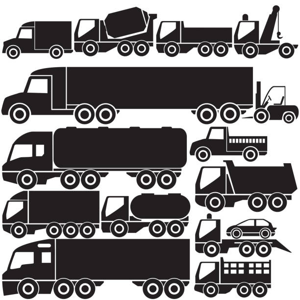 illustrazioni stock, clip art, cartoni animati e icone di tendenza di camion icone di colore nero - built structure truck trucking fuel storage tank